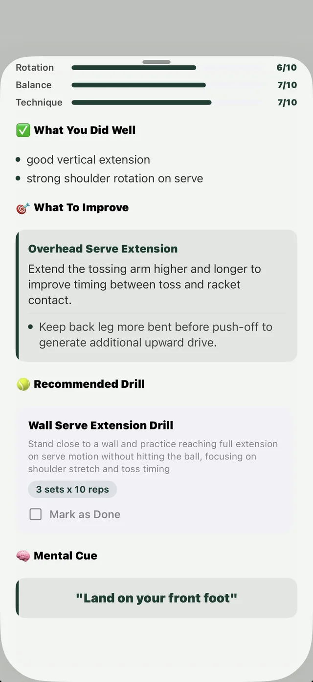Category scores, recommended drill with sets and reps, and a mental cue